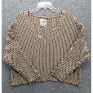 Abercrombie & Fitch Sweater Womens Large Beige Rib Knit V Neck Cropped Pullover